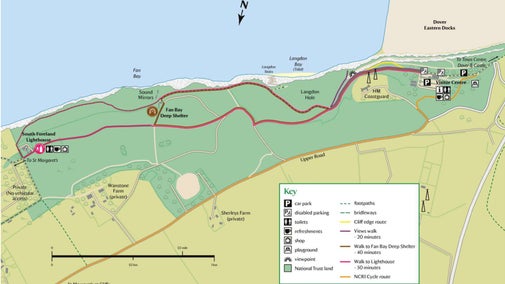 Image of a map of the White Cliffs of Dover showing the key attractions of the Visitor Centre, Fan Bay Deep Shelter and South Foreland Lighthouse
